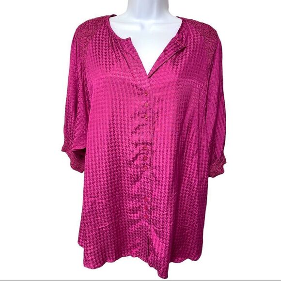 Bishop + YOUNG ANTHROPOLOGIE Orchid Houndstooth Balloon Short Sleeve Tunic Small - Picture 2 of 14